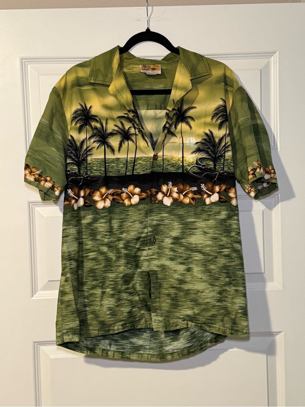 Men's Green Tropical Palm Print Button-Down Camp Shirt